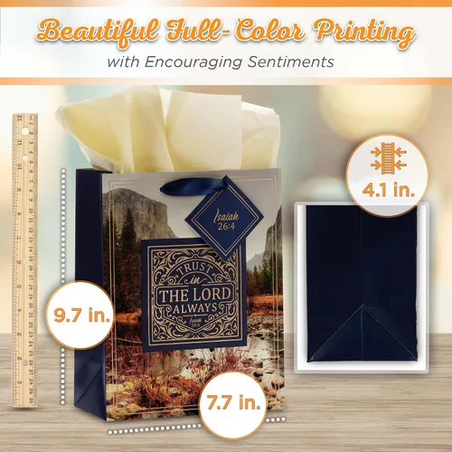 Vista 2 de Christian Art Gifts Bolsa de Regalo/Juego de Papel de Regalo Confía en el Señor Siempre Isaías 26:4 Versículo Bíblico, Azul/Oro, Mediano