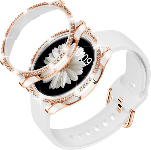 Vista 9 de DABAOZA Compatible con Samsung Galaxy Watch 4 5 Banda de 1.575 y 1.732 pulgadas con funda de parachoques con purpurina, correa ajustable suave y oro