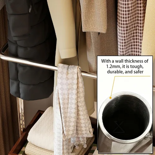 Vista 4 de Perchero de metal con ruedas, con estante de almacenamiento de madera, estantes de ropa rodantes para colgar ropa, perchero para dormitorio, Negro