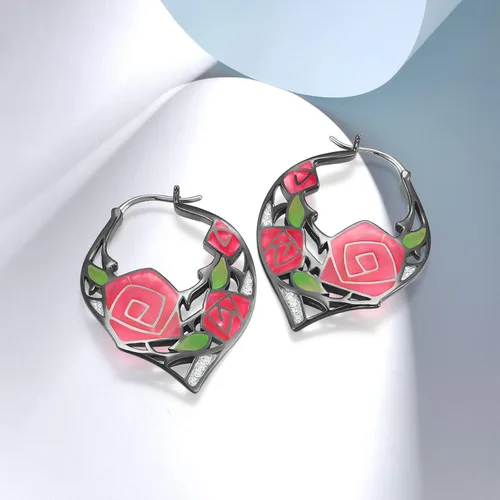 Vista 5 de Santuzza Aretes de aro de plata de ley 925 hechos a mano con flores esmaltadas Plata de ley Esmalte Circonia cúbica