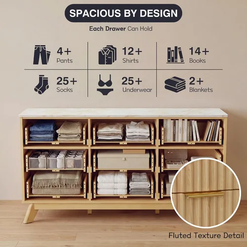 Vista 3 de JUMMICO Cómoda acanalada para dormitorio con 9 cajones, cómoda de 57