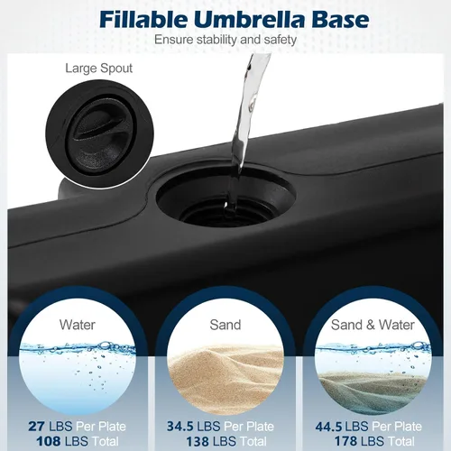 Vista 3 de Giantex Base de sombrilla de patio de 4 piezas, soporte voladizo resistente de 178 libras con boquillas de agua y arena fáciles de llenar, placas