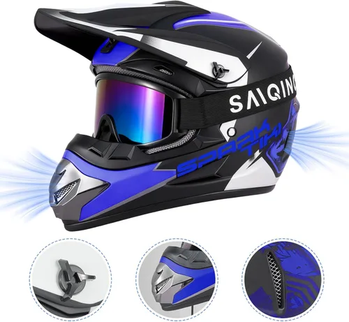Vista 3 de Casco de motocross juvenil, casco de motocicleta ATV, cascos de motocross para exteriores, aprobado por DOT, cascos todoterreno con guantes, gafas
