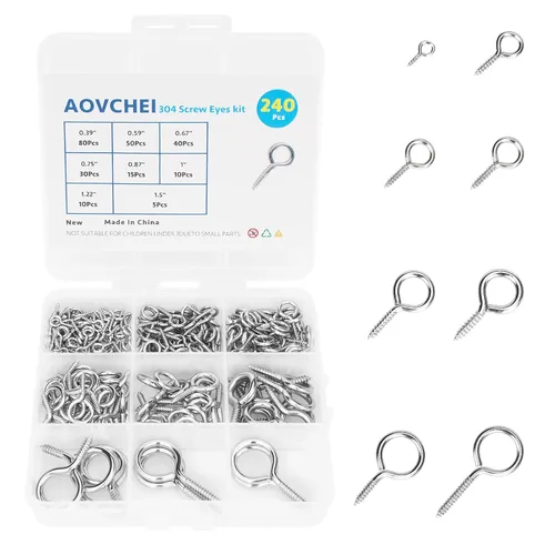 Vista 10 de Aovchei - 150 tornillos de ojo de acero inoxidable 304 de 0.59 pulgadas, ganchos de tornillo Rust-Resistant Self Tapping Eyelet Bolts for Wood