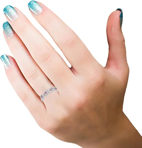 Vista 2 de Anillo de boda apilable de oro de 10 quilates con zafiro rosa y diamante blanco para mujer, zafiro rosa, Zafiro
