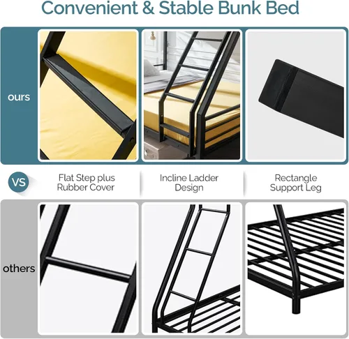 Vista 3 de VINGLI Litera Individual sobre Completa para Niños/Adultos con Escaleras de Peldaños Planos, Listones de Metal Resistentes, No Necesita Somier, Negro