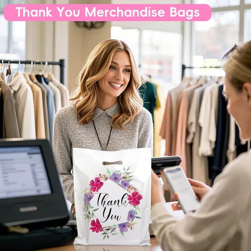 Vista 5 de POPGIFTU Bolsas de agradecimiento florales con asas, bolsa de plástico de 12 x 15 pulgadas, paquete de 100 – Boutique, regalo, recuerdo de fiesta