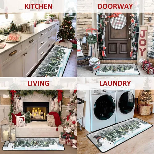 Vista 4 de Juego de 2 tapetes de cocina verdes de Navidad, decoración de Navidad antideslizante, ciervo, muñeco de nieve, alfombras de cocina de invierno