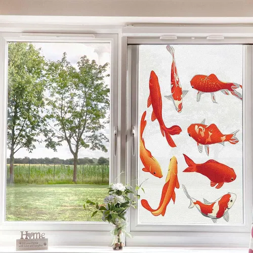 Vista 4 de Koi Fish - Película de adherencia estática para ventana, imagen de fortuna china y tranquilidad de poder de Koi, película de vinilo estático blanco