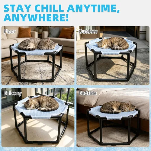 Vista 9 de Cama hamaca elevada para gatos, cuna hexagonal elevada para gatos con tela transpirable de gorro de hielo y bloque antideslizante, alfombrilla