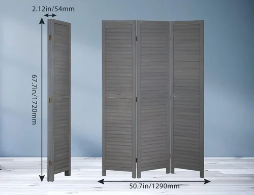 Vista 7 de Divisor de habitación de 3 paneles, pantalla de privacidad plegable de 67 pulgadas de alto con paneles de madera con rejillas, partición Gris