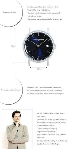 Vista 3 de Reloj Thomas-Alexandre Minimal Domed - Diseñador francés (azul marino), Francés