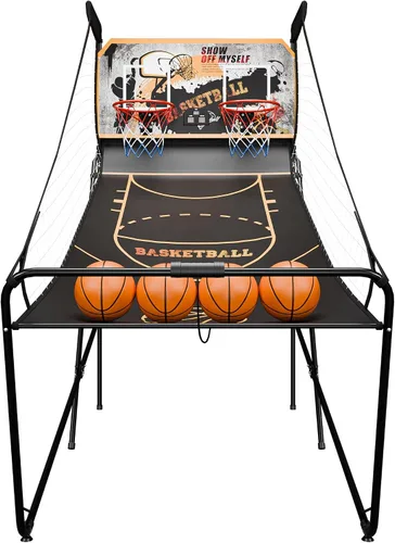 Vista 9 de Nova Microdermabrasion Juego de arcade de baloncesto plegable para interior, tiro doble, 2 jugadores con 4 bolas, marcador electrónico y bomba