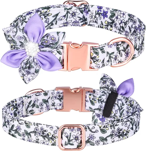 Vista 9 de Collar de cachorro con patrón floral, bonito collar de perro con flor de diamantes de imitación desmontable para perras (S, azul)