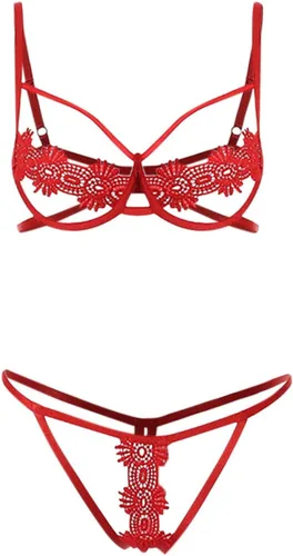 Vista 6 de Corsé de lencería para mujer para sexo travieso lazo ropa de dormir conjunto ropa interior brasier + calzoncillos accesorios club nocturno, Rojo 1