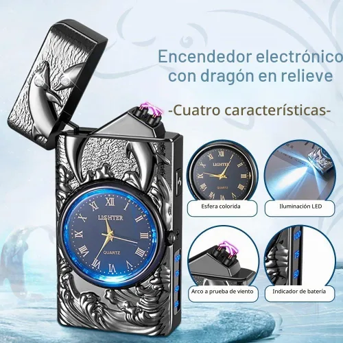 Vista 3 de GADATOP Encendedor eléctrico recargable a prueba de viento, encendedor de plasma con alivio de delfines 3D, reloj integrado con luz LED para uso