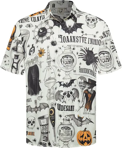 Vista 43 de Camisa de Halloween para Hombre de Hardaddy, de Manga Corta, con Botón, con Estampado Gracioso, Camisa Casual Negro