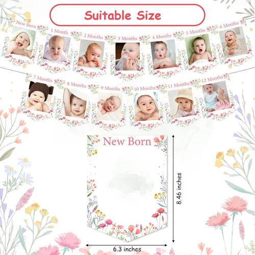 Vista 7 de Cartel de fotos de primer cumpleaños con tema de flores silvestres de recién nacido a 12 meses para niñas, registro de crecimiento mensual de hitos