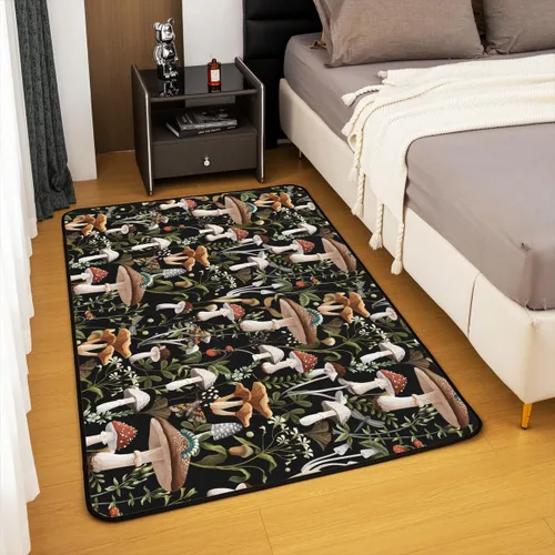 Vista 5 de Alfombra de hongos de 4 x 5, alfombra rústica de plantas de hongos salvajes coloridos, alfombra de suelo de madera de acera estilo granja, alfombra