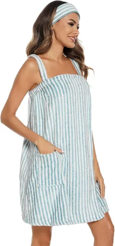 Vista 108 de Veseacky Toalla de baño para mujer con bolsillo, bata de spa ajustable y diadema facial