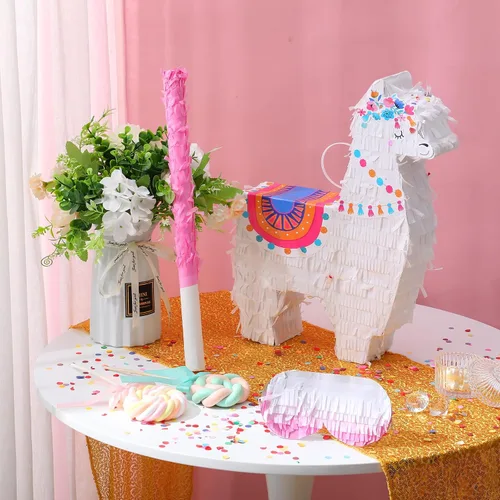 Vista 3 de Wettarn Fiesta de piñata de llama para suministros de fiesta mexicana, incluye palo de piñata y venda, confeti para celebraciones de cumpleaños