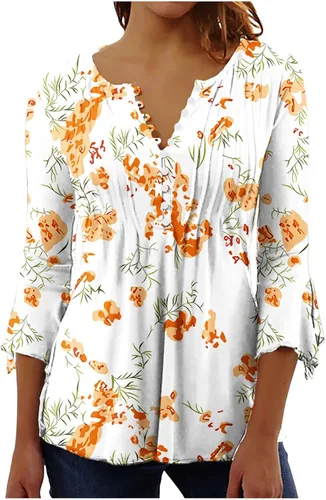 Vista 22 de Ceboyel Blusa tipo túnica con estampado floral para mujer, con botones, estilo Henley, con manga de codo, casual, trajes de moda para mujer