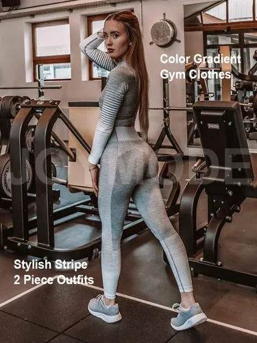 Vista 2 de JOYMODE - Conjunto de entrenamiento para mujer, diseño de 2 piezas con leggings de tiro alto sin costuras y camiseta corta , para yoga