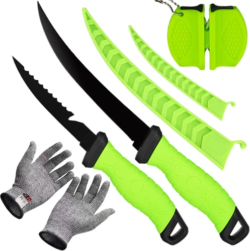 Vista 8 de Juego de 2 cuchillos de filete, cuchillos de filete de acero inoxidable de 5 y 7 pulgadas para pescado, equipo de pesca, juego de herramientas de 2