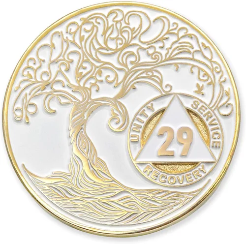 Vista 212 de 1 año Sobriety Mint Twisted Tree of Life Medallón de recuperación AA chapado en oro, chip/ficha - negro