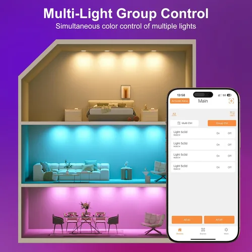 Vista 4 de Iluminación empotrable inteligente, 5/6 pulgadas, compatible con Alexa, Downlight LED inteligente, 13 W 1050 LM, luces LED inteligentes multicolor