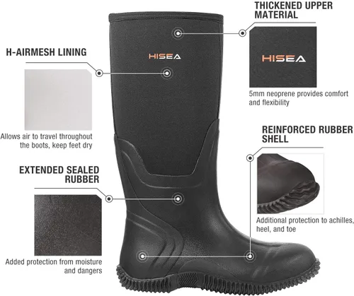 Vista 2 de HISEA Botas de lluvia para hombre, impermeables, duraderas, con aislamiento de goma de neopreno de 0.197 pulgadas, botas al aire libre para barro