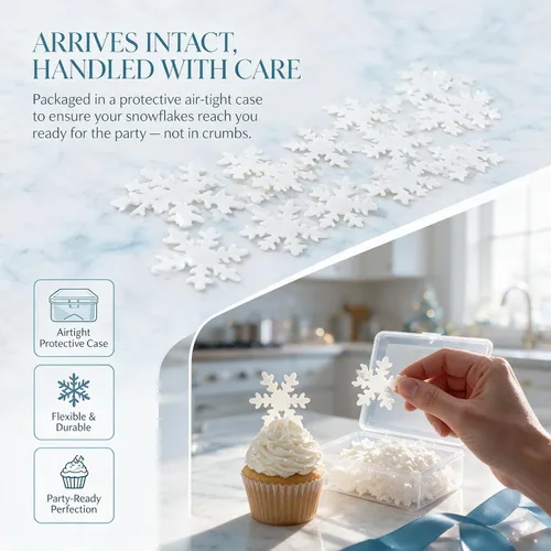 Vista 5 de Copos de nieve comestibles de Navidad comestibles para cupcakes azules, decoración de caja de plástico para fiesta temática de invierno congelado