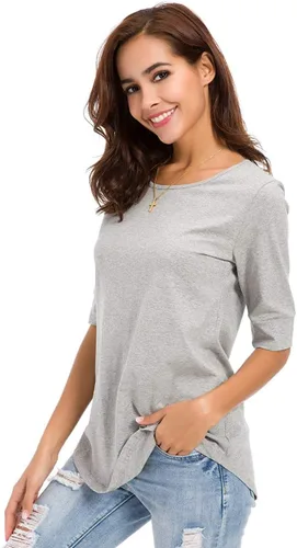 Vista 4 de LUSMAY Camisas tipo túnica de algodón con cuello redondo y ajuste holgado para mujer
