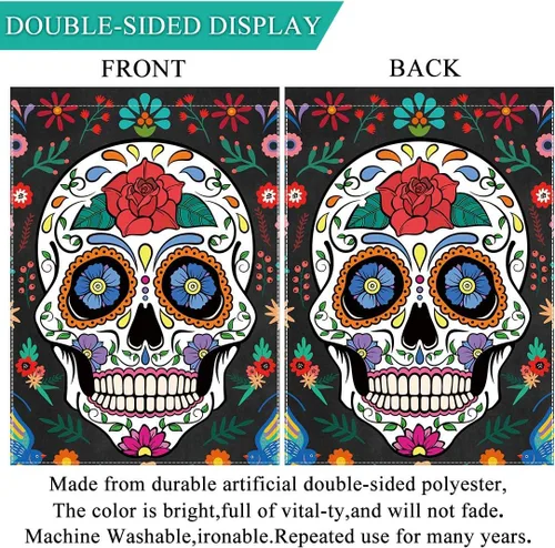 Vista 3 de Allenjoy Bandera de Día de los Muertos para exteriores, vertical, mexicana, fiesta, casa, césped, patio, porche, patio, decoración al aire libre, 12