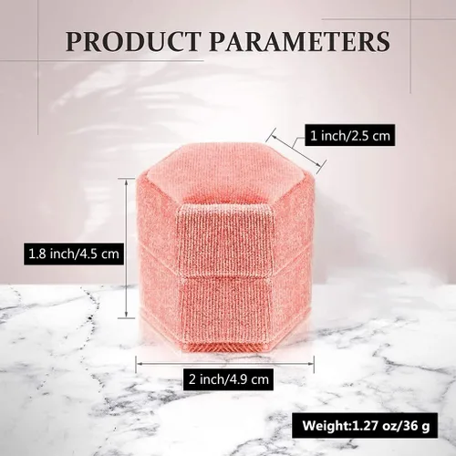 Vista 10 de Caja hexagonal de terciopelo para anillos con doble anillo, elegante caja de almacenamiento de joyas para propuestas, compromiso, aniversario, Blanco