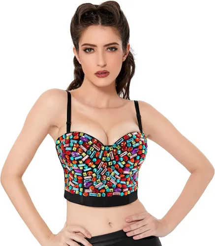 Vista 8 de Charmian - Sujetador con realce para mujer con diamantes de imitación de colores, ombliguera para fiesta y club