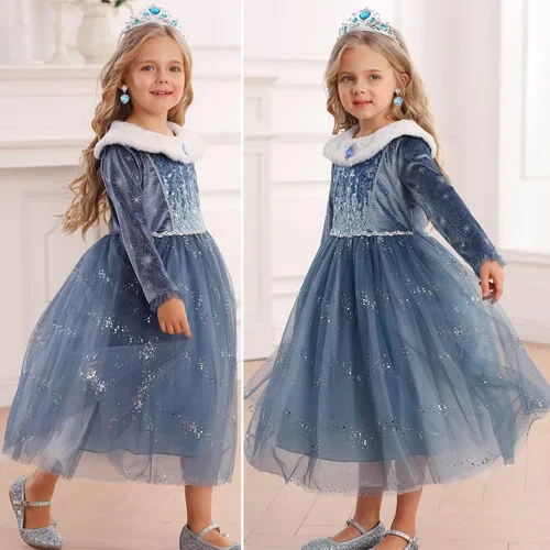 Vista 4 de Luzlen Vestido de fiesta de princesa azul para niña, disfraz de reina con accesorios