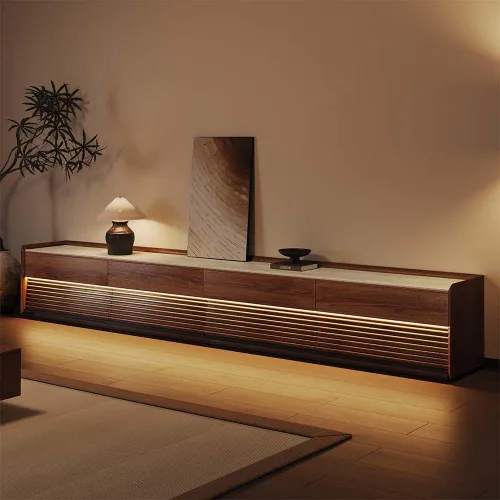 Vista 10 de POVISON Soporte de TV completamente ensamblado de mediados de siglo de piedra sinterizada mate, consola multimedia de madera de 70.87" con luz LED
