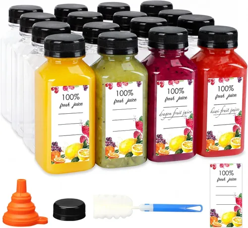 Vista 9 de Moretoes 12 botellas de plástico para jugo de 8 onzas con tapas, botellas de agua reutilizables vacías transparentes, recipientes desechables
