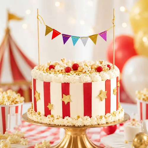 Vista 3 de LUOZZY 5pcs Circo Carnaval Cake Toppers Triángulo Bandera Banner Tema Fiesta Llamativa bandera de circo para decoración de tartas de carnaval