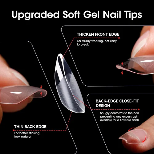 Vista 4 de Gellen - Puntas de uñas cortas de almendra, 504 unidades, gel suave transparente de cobertura completa, 12 tamaños Almendra corta transparente