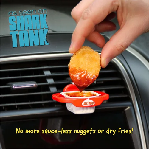 Vista 2 de Recipiente para salsa con clip Saucemoto Un soporte para salsas en el auto para salsa de tomate y salsas para sumergir. Como lo viste en Shark