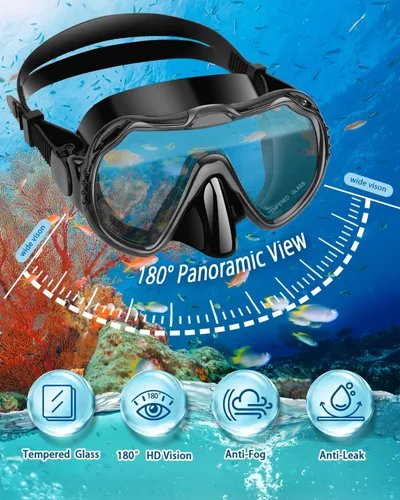 Vista 2 de Snorkeling Gear for Adults, Adult Snorkel Set with Panoramic Anti-Leak and Anti-Fog Tempered Glass Snorkel Mask, Dry Top Snorkel, Snorkle Mask Set