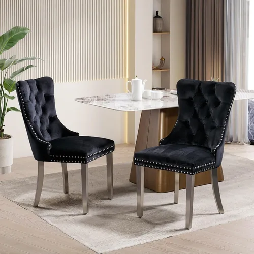 Vista 64 de Juego de 2 sillas de comedor tapizadas de tela de lino, sillas de cocina modernas de mediados de siglo con respaldo alto, ribete de cabeza de clavo