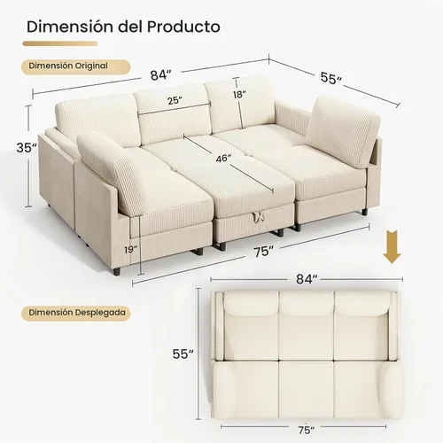 Vista 2 de KKL Sofá cama modular de 83 pulgadas de 6 plazas, sofá modular con otomana de almacenamiento, sofá cama convertible en forma de U / L para sala
