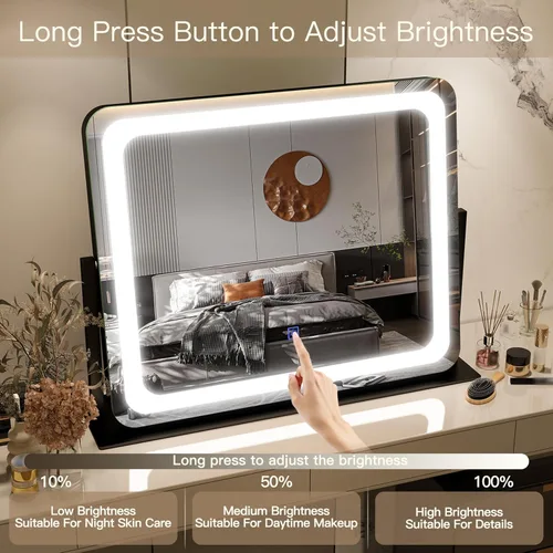 Vista 4 de FENNIO - Espejo de tocador con luces, espejo de maquillaje iluminado LED, pantalla táctil con 3 modos de iluminación, regulable, para mesa