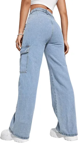 Vista 2 de SweatyRocks Pantalones vaqueros cargo de cintura alta para mujer, con bolsillo con solapa y pierna ancha