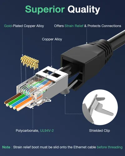 Vista 4 de VCELINK Conector CAT6A, conectores RJ45 pasan a través de CAT6A CAT7 blindado, chapado en oro de 3 clavijas con certificación UL, conector CAT7
