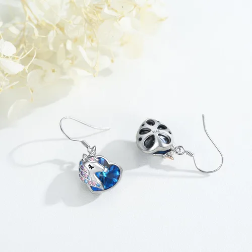 Vista 5 de Aretes de unicornio de plata de ley 925, hipoalergénicos, aretes colgantes de cristal azul, joyería de regalo de unicornio para mujeres y niñas