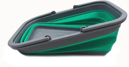 Vista 3 de SAMMART Bañera plegable de 9.2 L (2.37 galones) con asa y colador ovalado sobre el fregadero de 5 litros (verde azulado (cesta) + gris (colador))